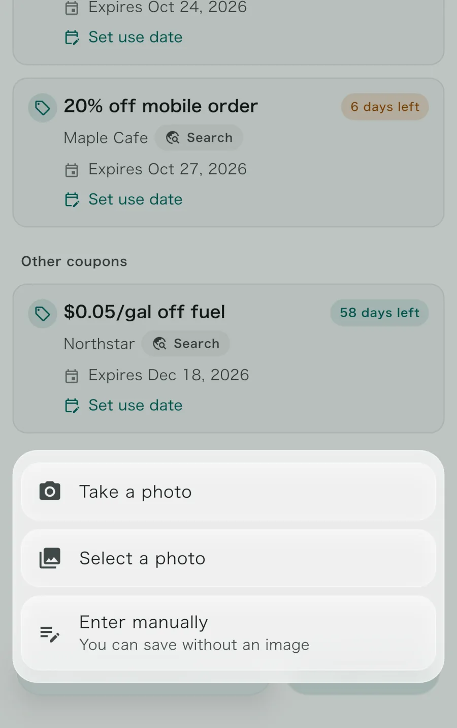 The Add coupon sheet with Take a photo, Select a photo, and Enter manually